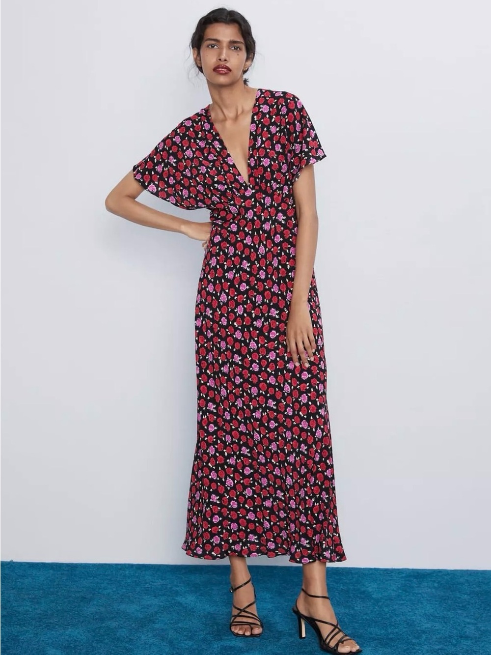 Zara Black Maxi Dress with Pink and Red Floral Print